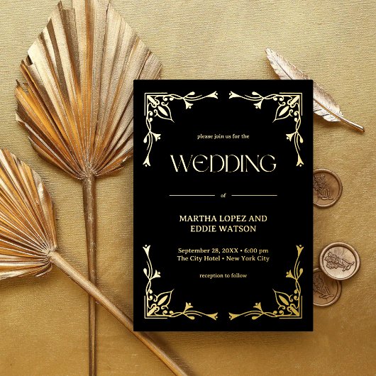 Modern Deco | Elegant Wedding Black en Gold Folie Uitnodiging