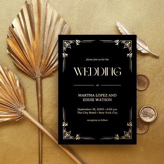 Modern Deco | Elegant Wedding Black en Gold Folie Uitnodiging