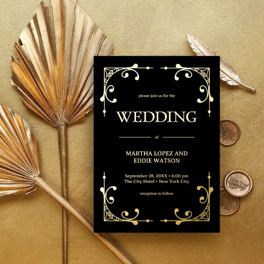 Modern Deco | Elegant Wedding Black en Gold Folie Uitnodiging