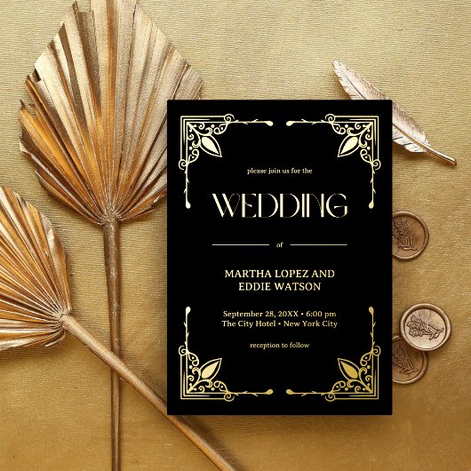 Modern Deco | Elegant Wedding Black en Gold Folie Uitnodiging