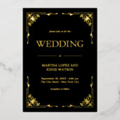 Modern Deco | Elegant Wedding Black en Gold Folie Uitnodiging (Voorkant)