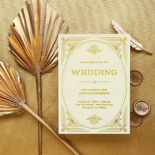 Modern Deco   Elegant Wedding Ivory and Gold Folie Uitnodiging