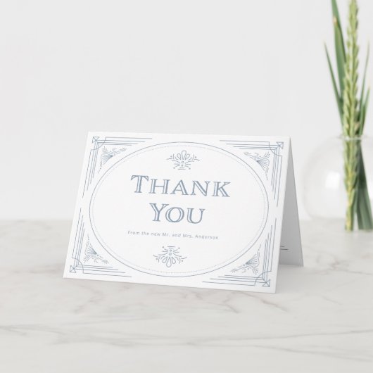 Modern Deco | Elegant White en Dusty Blue Wedding Bedankkaart (Voorkant)