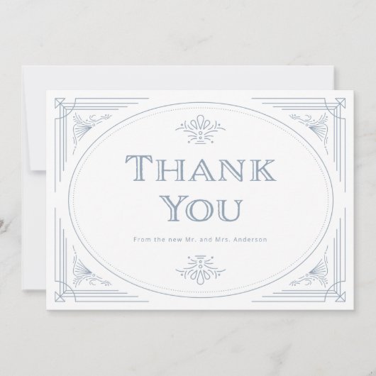 Modern Deco | Elegant White en Dusty Blue Wedding Bedankkaart (Voorkant)