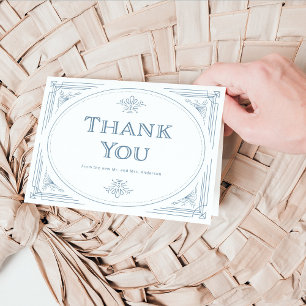 Modern Deco   Elegant White en Dusty Blue Wedding Bedankkaart