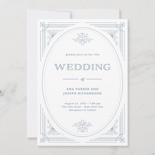 Modern Deco | Elegant White en Dusty Blue Wedding Kaart (Voorkant)