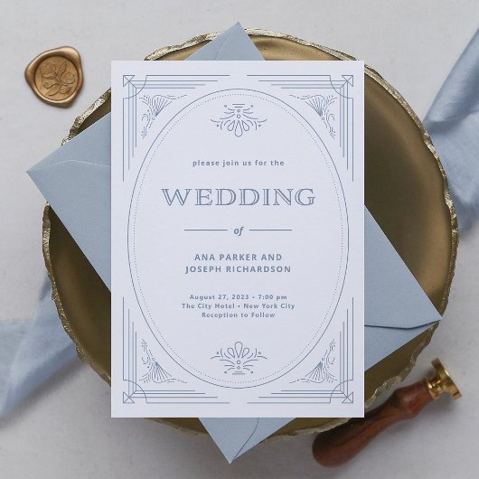 Modern Deco | Elegant White en Dusty Blue Wedding Kaart