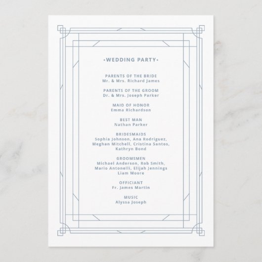 Modern Deco | Elegant White en Dusty Blue Wedding Programmakaart (Achterkant)