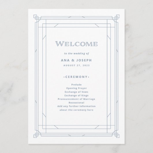 Modern Deco | Elegant White en Dusty Blue Wedding Programmakaart (Voorkant)