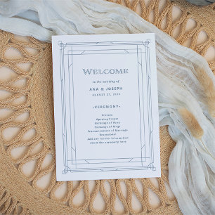 Modern Deco   Elegant White en Dusty Blue Wedding Programmakaart