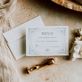 Modern Deco | Elegant White en Dusty Blue Wedding RSVP Kaartje