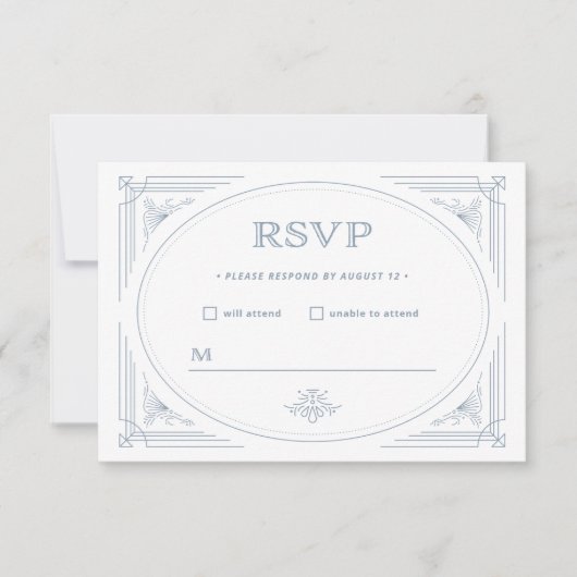 Modern Deco | Elegant White en Dusty Blue Wedding RSVP Kaartje (Voorkant)