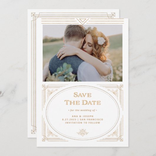 Modern Deco | Elegante Nep-Goud en Witte Foto Save The Date (Voorkant / Achterkant)
