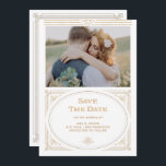 Modern Deco | Elegante Nep-Goud en Witte Foto Save The Date<br><div class="desc">Deze glamoureuze huwelijksaankondigingskaarten hebben een moderne draai aan klassieke art deco. Een sierlijke,  nep-gouden geometrische lijst en ornamenten decoreren een elegante witte achtergrond met jouw favoriete persoonlijke foto voor een dramatische,  vintage huwelijkslook.</div>