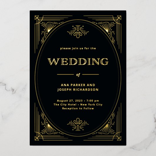Modern Deco | Elegante Trouwdag Zwart en Goud Folie Uitnodiging (Voorkant)