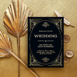 Modern Deco | Elegante Trouwdag Zwart en Goud Folie Uitnodiging