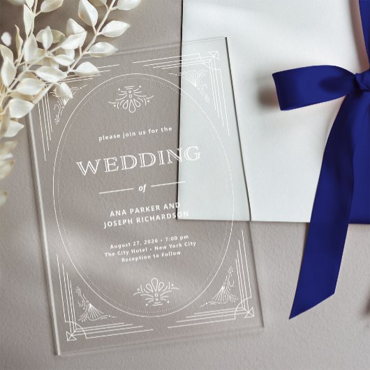 Modern Deco | Elegante witte lijst bruiloft Acryl Uitnodigingen