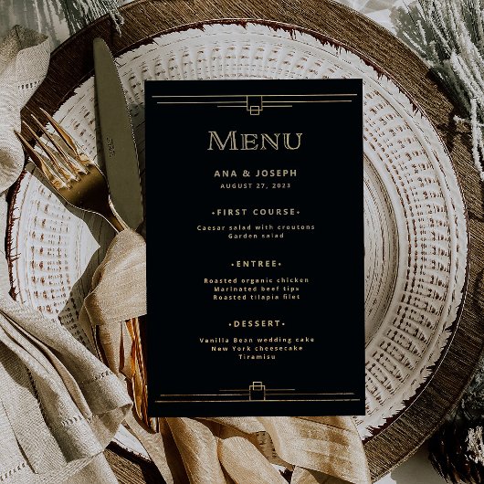 Modern Deco | Elegante Zwarte en Gouden Trouwmenu Flyer