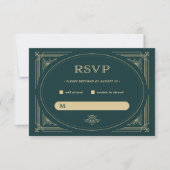 Modern Deco | Emerald Green en Champagne Wedding RSVP Kaartje (Voorkant)