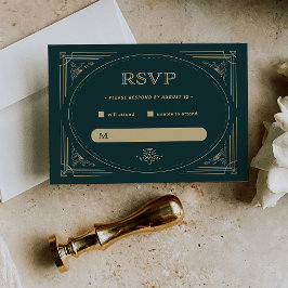 Modern Deco | Emerald Green en Champagne Wedding RSVP Kaartje