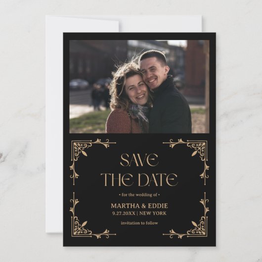 Modern Deco | Faux Gold and Black Photo Wedding Save The Date (Voorkant)