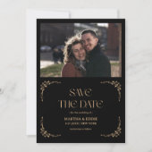 Modern Deco | Faux Gold and Black Photo Wedding Save The Date (Voorkant)
