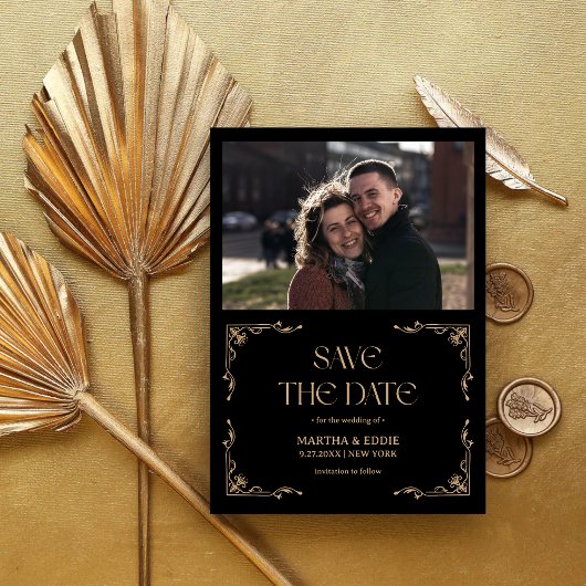 Modern Deco | Faux Gold and Black Photo Wedding Save The Date