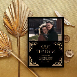 Modern Deco | Faux Gold and Black Photo Wedding Save The Date