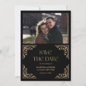 Modern Deco | Faux Gold and Black Photo Wedding Save The Date (Voorkant)