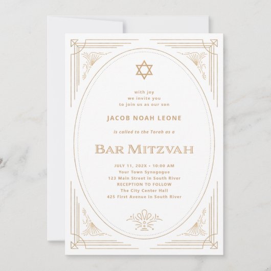 Modern Deco | Faux Gold en White Bar Mitzvah Kaart (Voorkant)