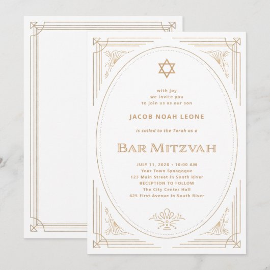 Modern Deco | Faux Gold en White Bar Mitzvah Kaart (Voorkant / Achterkant)