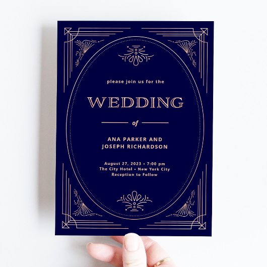 Modern Deco | Faux Roos Gold en marineblauw huweli Kaart