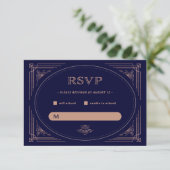 Modern Deco | Faux Roos Gold en marineblauw huweli RSVP Kaartje (Staand voorkant)