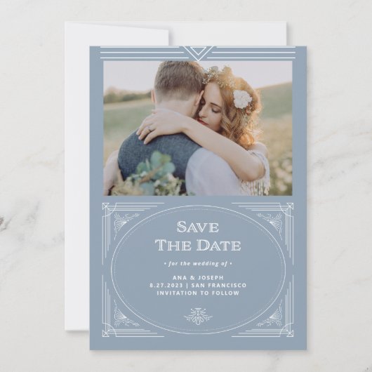 Modern Deco | Foto Elegant Dusty Blue en White Save The Date (Voorkant)