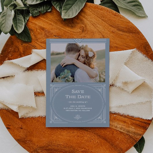 Modern Deco | Foto Elegant Dusty Blue en White Save The Date