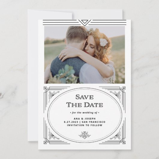 Modern Deco | Foto van Elegant Black en White Save The Date (Voorkant)