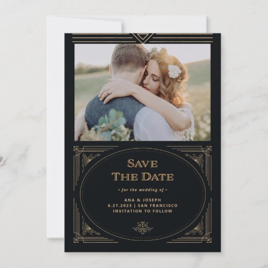 Modern Deco | Foto van Elegant Faux Gold en Black Save The Date (Voorkant)