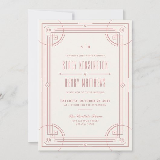 Modern Deco Frame Trouw Uitnodiging - Roos (Voorkant)