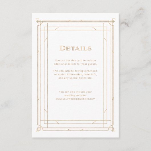 Modern Deco | Goud en witbruiloft — Gegevens Informatiekaartje (Voorkant)