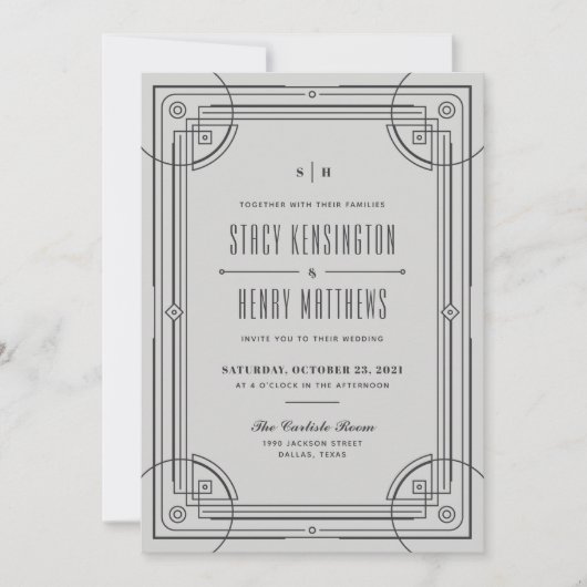 Modern Deco Lijst Wedding Invitation - Grijs Aankondiging (Voorkant)