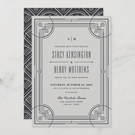 Modern Deco Lijst Wedding Invitation - Grijs Aankondiging (Voorkant / Achterkant)