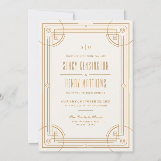 Modern Deco Lijst Wedding Invitation - Tan Aankondiging (Voorkant)