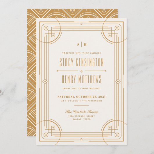 Modern Deco Lijst Wedding Invitation - Tan Aankondiging (Voorkant / Achterkant)