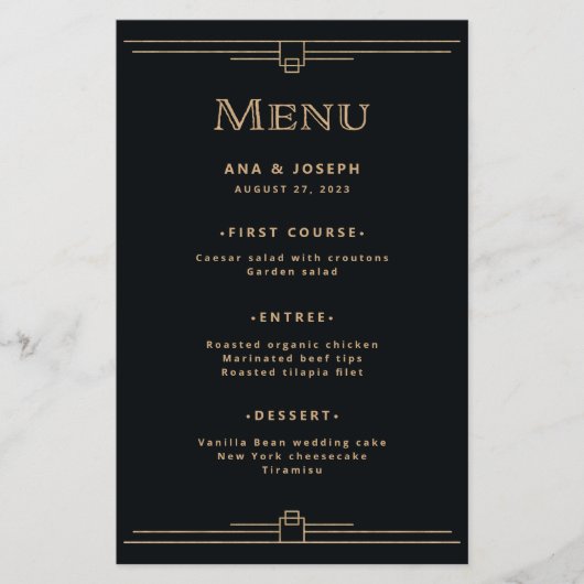 Modern Deco | Menu Elegant Black and Gold Wedding (Voorkant)