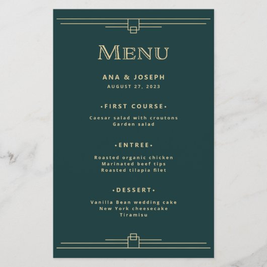 Modern Deco | Menu Elegant Emerald Green Wedding (Voorkant)