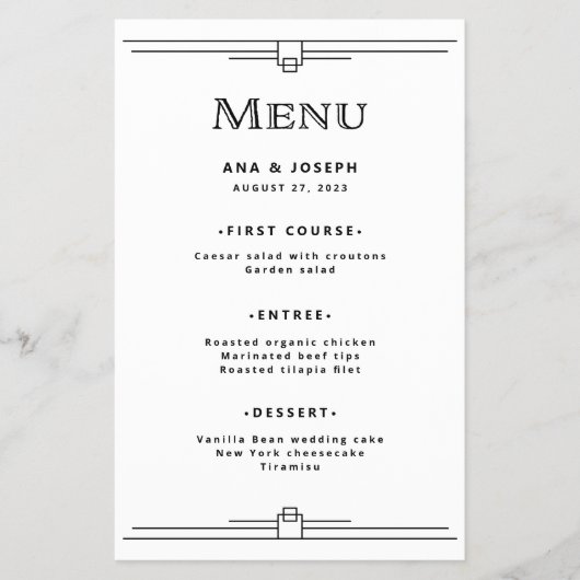 Modern Deco | Menu Zwart-witbruiloft (Voorkant)