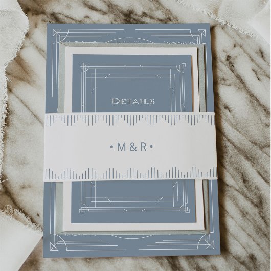 Modern Deco | Monogrammen van wit en droog blauw Uitnodigingen Wikkel