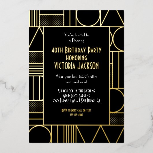 Modern Deco Roaring 20's Gatsby Birthday Party Folie Uitnodiging (Voorkant)