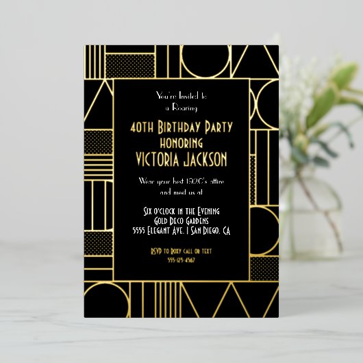 Modern Deco Roaring 20's Gatsby Birthday Party Folie Uitnodiging (Staand Voorkant)