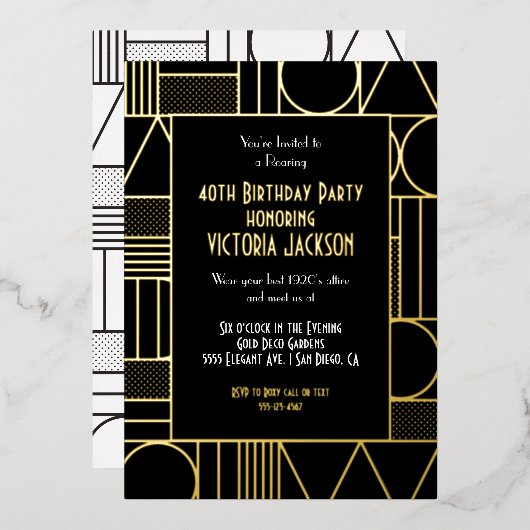 Modern Deco Roaring 20's Gatsby Birthday Party Folie Uitnodiging (Voorkant / Achterkant)
